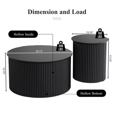 Fluted Round Nesting Coffee Table Set of 2, Mid Century Modern Wood Coffee Table and End Table Set, Minimalist Center Tables Circle Side Table for Living Room, Office(Black RUSTYER