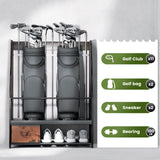 Ponsonbay Golf Bag Organizer Rack – Large Wooden Golf Storage for 2 Bags, Clubs & Accessories with Dustproof Drawer, Sports Equipment Rack for Garage, Practice Room, Home or Office (Black) Ponsonbay