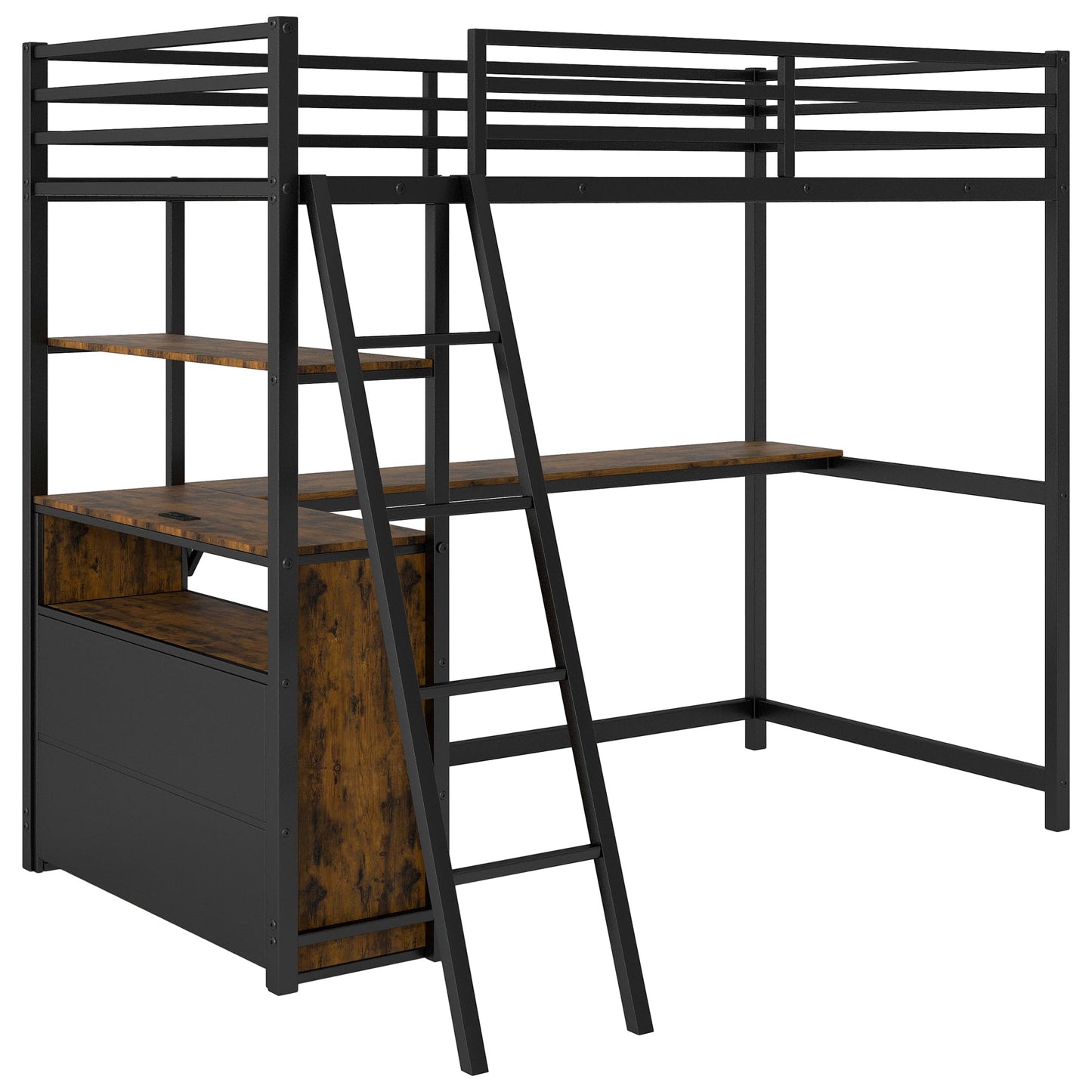 Harper & Bright Designs Metal Twin Loft Bed with Desk, LED Light & Storage Shelves,Heavy Duty Steel Loft Bed with 2 Built-in Drawers,Juniors Loft Bed Frame for Small Space,No Box Spring Needed,Black