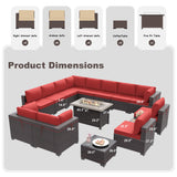 Kurapika 15 Pieces Patio Furniture Set, Rattan Wicker Outdoor Conversation Sets w/43in Propane Fire Pit Table and 4 Inch Cushion(Red) Kurapika