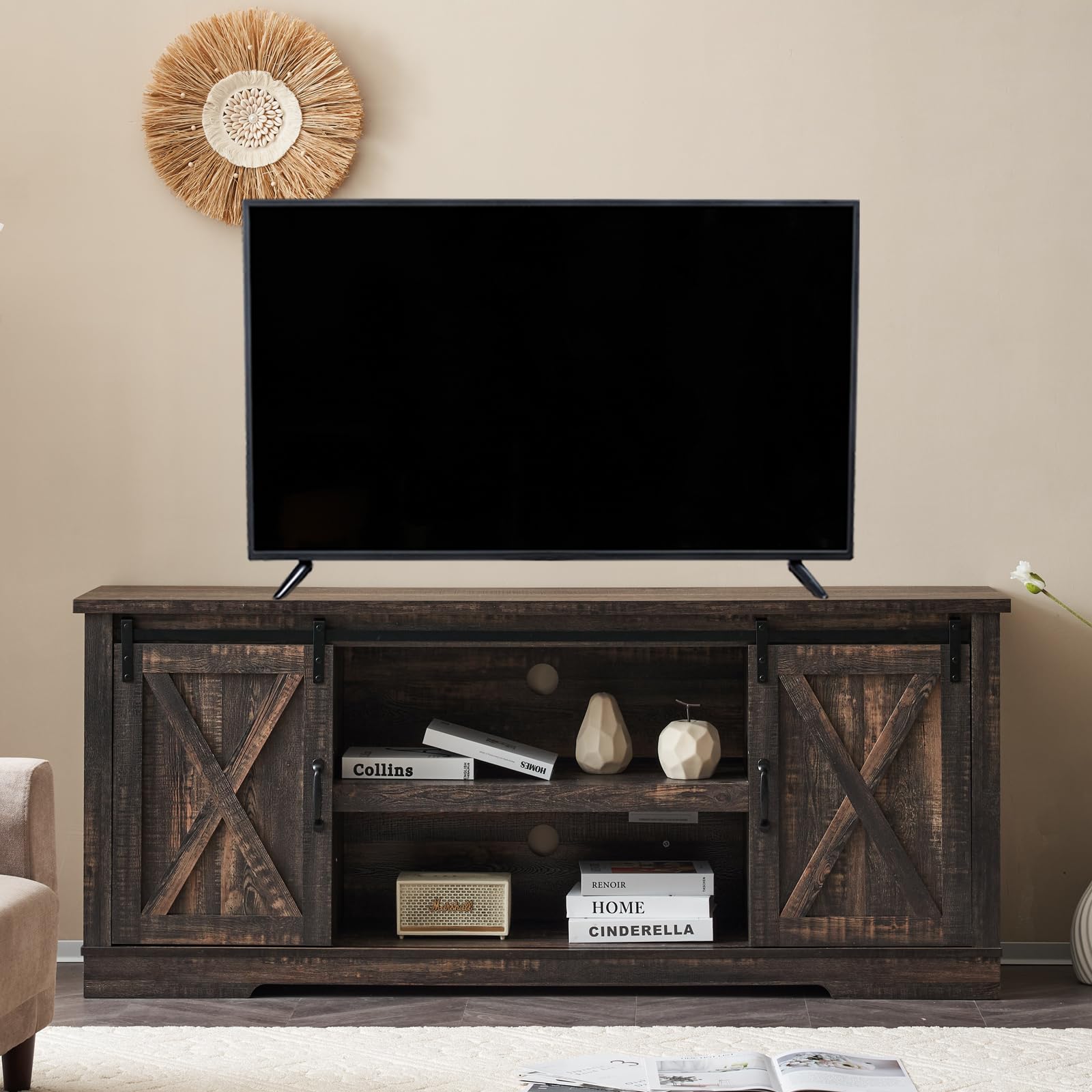 AMERLIFE 66" Farmhouse TV Stand for 75 Inches TVs, Entertainment Center with Sliding Barn Door and Adjustable Shelf & Feet, Console Table with Storage, Dark Rustic Oak - WoodArtSupply