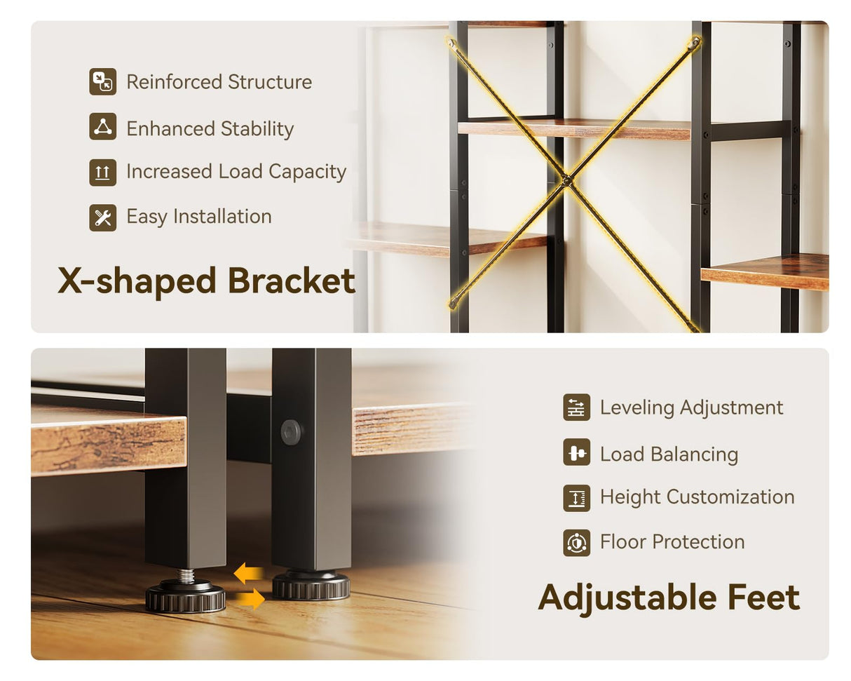 Casaottima Triple 4 Tier Bookshelf, Large Bookcase with 11 Open Display Shelves, Modern Industrial Book Shelves Book Case for Bedroom, Wide Standing Shelving Unit for Living Room Home Office, Vintage Casaottima