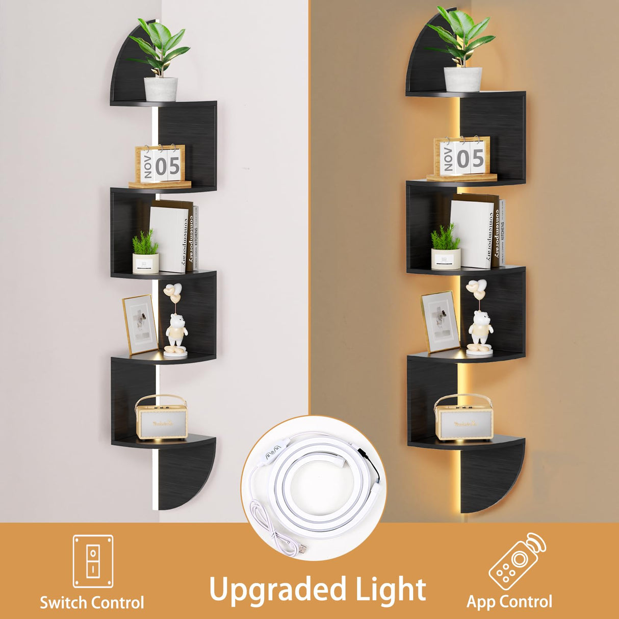 Corner Shelf, 5 Tier Bookshelf with LED Light, Corner Shelf Wall Mounted, Floating Shelves for Wall, Display Stand for Bedroom, Living Room, Bathroom, Home, Office, Black Waipfaru