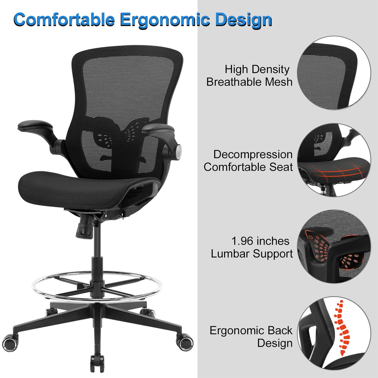Office Drafting Chair,Ergonomic Tall Office Desk Chair,Adjustable Standing Desk Stool Chair,Executive Computer Chair with Footrest Ring and Lumbar Support (Black) Luckyear