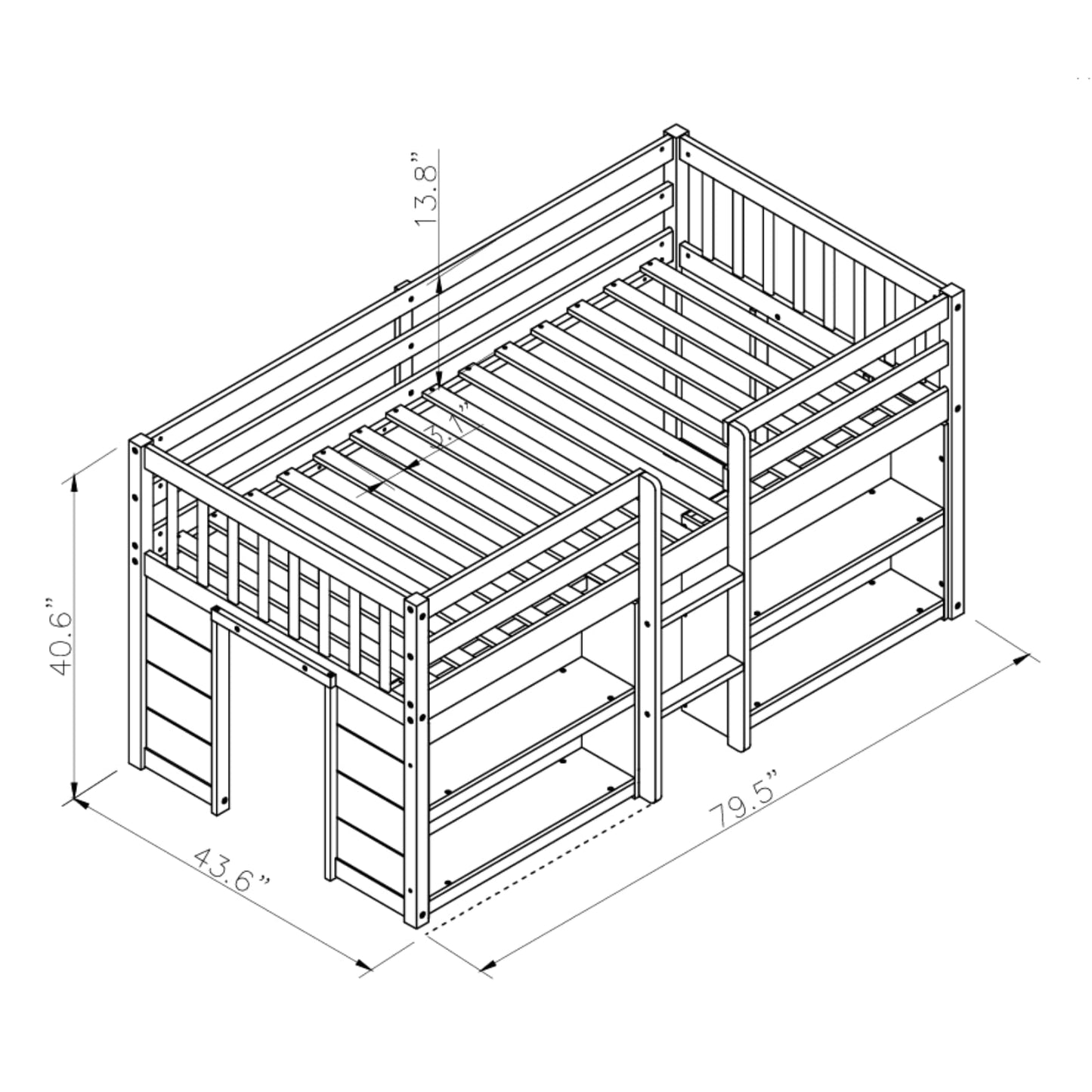 Luckiofvonne Grey Twin Size Low Loft Bed with Storage Shelves and LED Light - WoodArtSupply