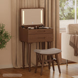 Muwuele Solid Wood Small Vanity Desk with Flip Top Mirror, Brightness Adjustable Lights, Compact Vanity with Glass Top and Drawers, Slim Dressing Table for Small Space, Bedroom, Living Room, Walnut Muwuele