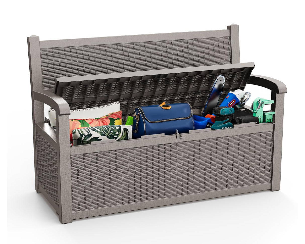 EasyUp 80 Gallon Outdoor Storage Bench, Waterproof and Lockable Deck Box Outdoor Storage Furniture for Patio,Garden,and Porch – Perfect for Storing Garden Tools and Cushions(Gray) EasyUp