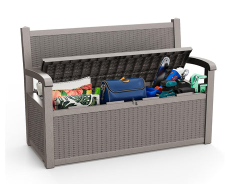 EasyUp 80 Gallon Outdoor Storage Bench, Waterproof and Lockable Deck Box Outdoor Storage Furniture for Patio,Garden,and Porch – Perfect for Storing Garden Tools and Cushions(Gray) EasyUp
