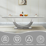 KUVADAZ 94" Modern White Silver Faux Marble Dining Room Table Set for 10, 11-Piece Rectangle Kitchen Dining Room Table Set with Dual U-Shaped Stainless Steel Legs and 10 Beige Velvet Dining Chairs KUVADAZ