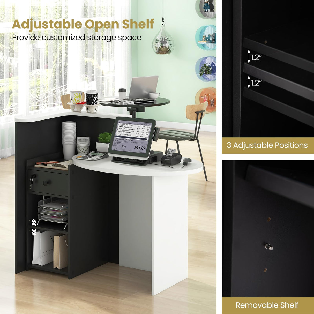 Byroce Reception Desk, Front Desk Reception Counter with Oval Desktop, Open Shelf & Lockable Drawer, Small Retail Checkout Counter Table, Wood Computer Workstation for Home, Office, Lobby & Salon WoodArtSupply