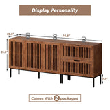 BVIUNTWO Storage Cabinet,75" Farmhouse Buffet Cabinet with Metal Base and Adjustable Shelves,Sideboard Coffee Bar Cabinet with 3 Doors for Kitchen,Dining Room,Living Room,Brown BVIUNTWO