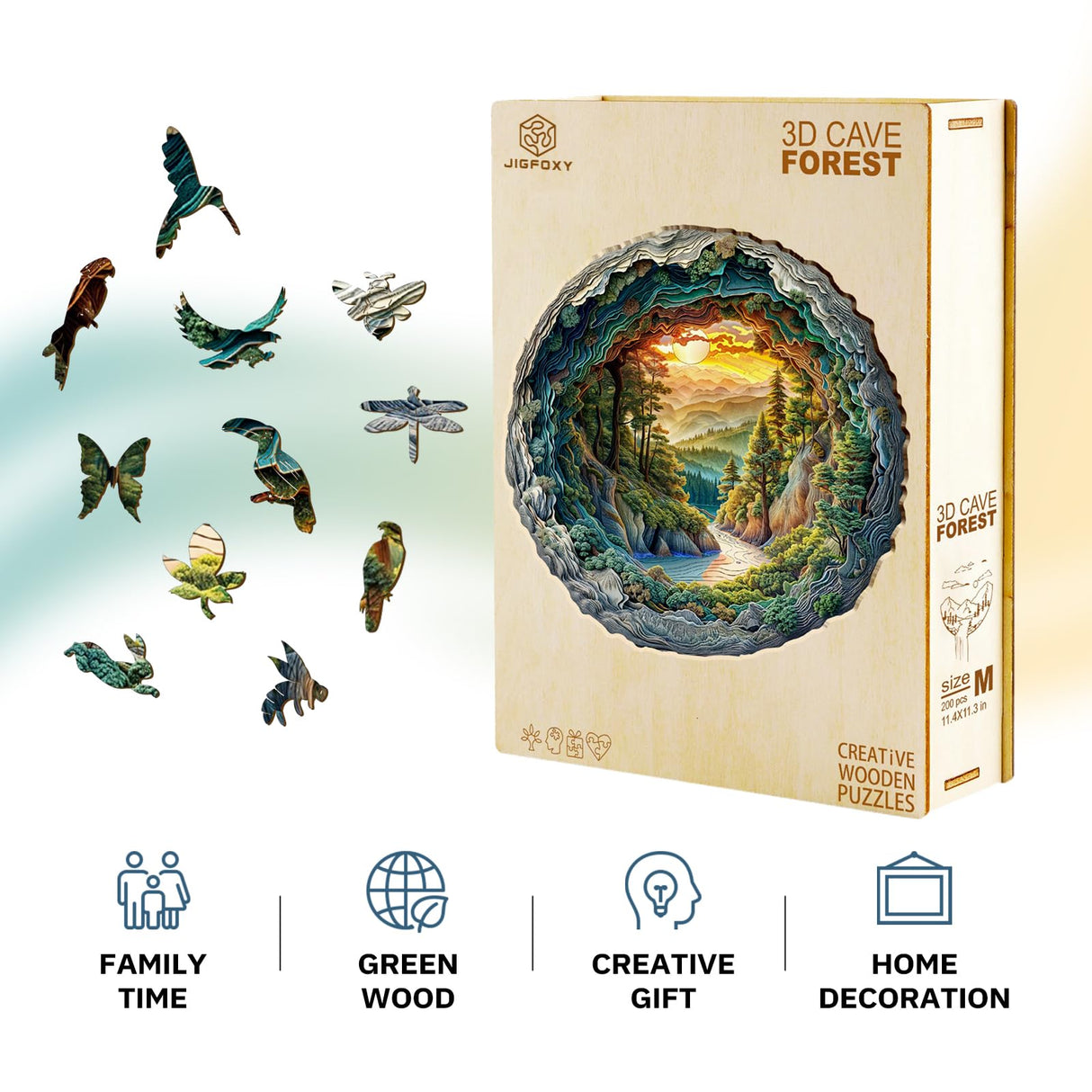 Jigfoxy Wooden Puzzle for Adults, 3D Visual Forest Wooden Jigsaw Puzzles for Adult, Unique Animal Shape Wood Cut Puzzles, Christmas Thanksgiving Gifts for Friends Family (S-8.5 * 8.4in-100pcs) Jigfoxy