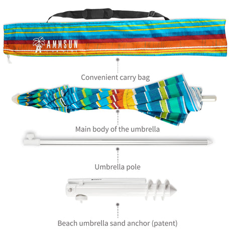 AMMSUN Beach Umbrellas for Sand Heavy Duty Wind Portable, 6.5ft Outdoor Umbrella with Sand Anchor and UV Protection, Parasols Includes Carry Bag for Beach, Patio, and Garden, Yellow Stripes AMMSUN