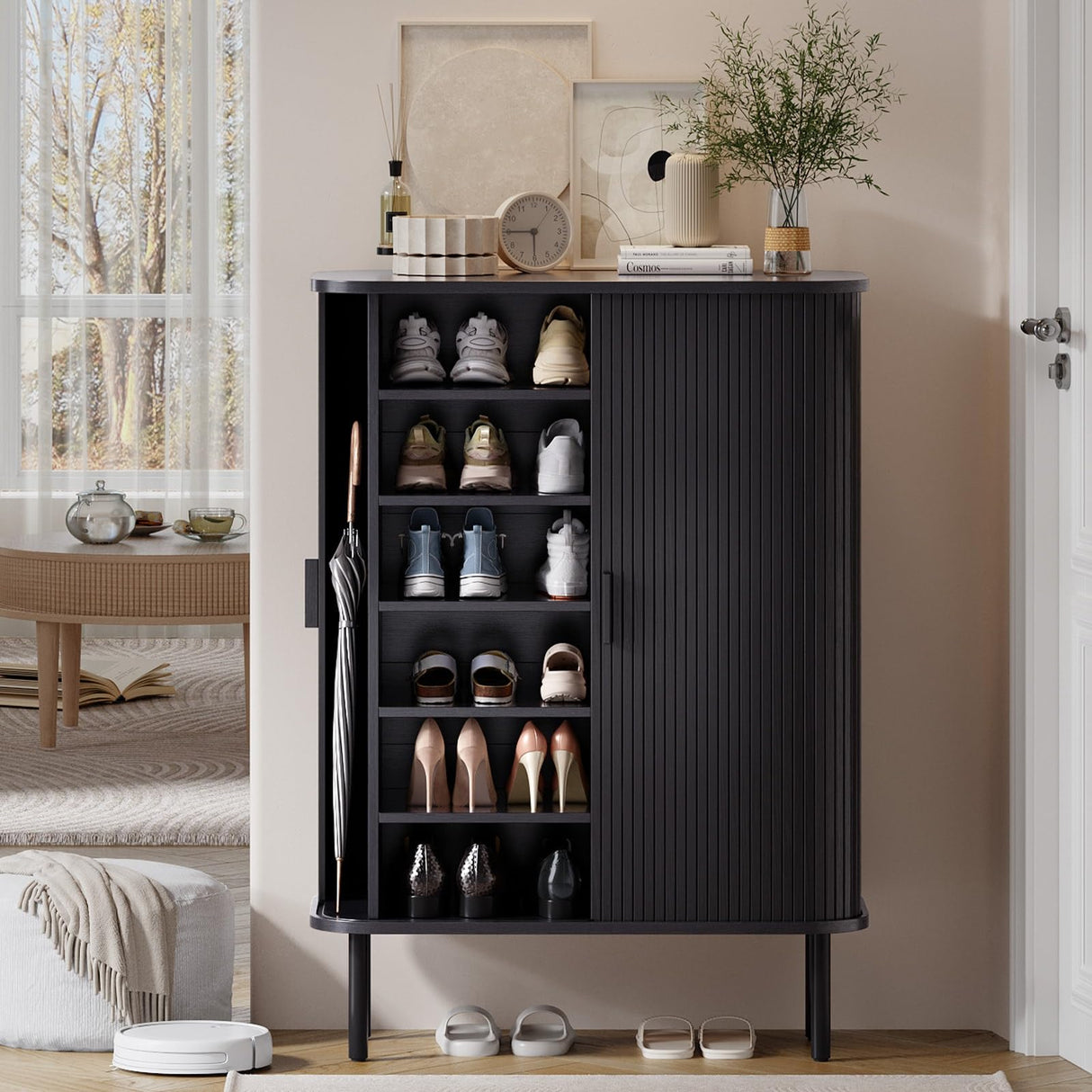 ONBRILL 6-Tier Shoe Cabinet with Sliding Door, Wooden Shoe Storage Cabinet with Adjustable Shelves, Mid-Century Modern Freestanding Shoe Storage Organizer for Entryway, Hallway, Living Room, Black ONBRILL