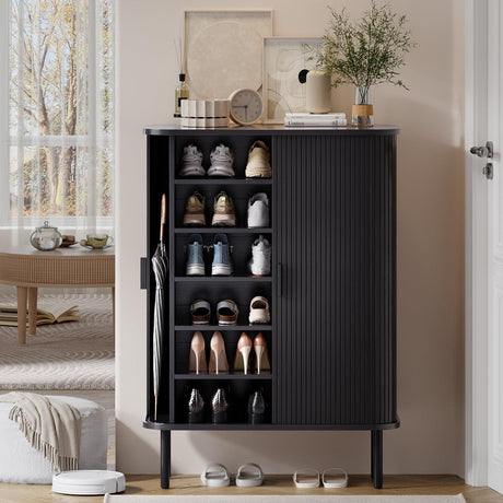 ONBRILL 6-Tier Shoe Cabinet with Sliding Door, Wooden Shoe Storage Cabinet with Adjustable Shelves, Mid-Century Modern Freestanding Shoe Storage Organizer for Entryway, Hallway, Living Room, Black ONBRILL