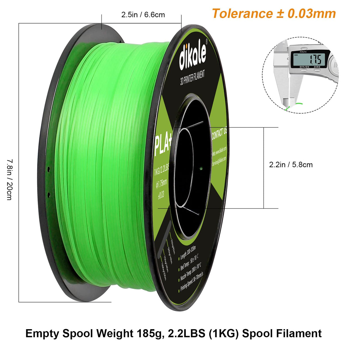 Dikale PLA+ 3D Printer Filament Luminous Green, 1.75mm No Tangle, Net Weight 2.2lbs Spool (1kg）, PLA Pro Plus, Green with Glow in The Dark Effect dikale