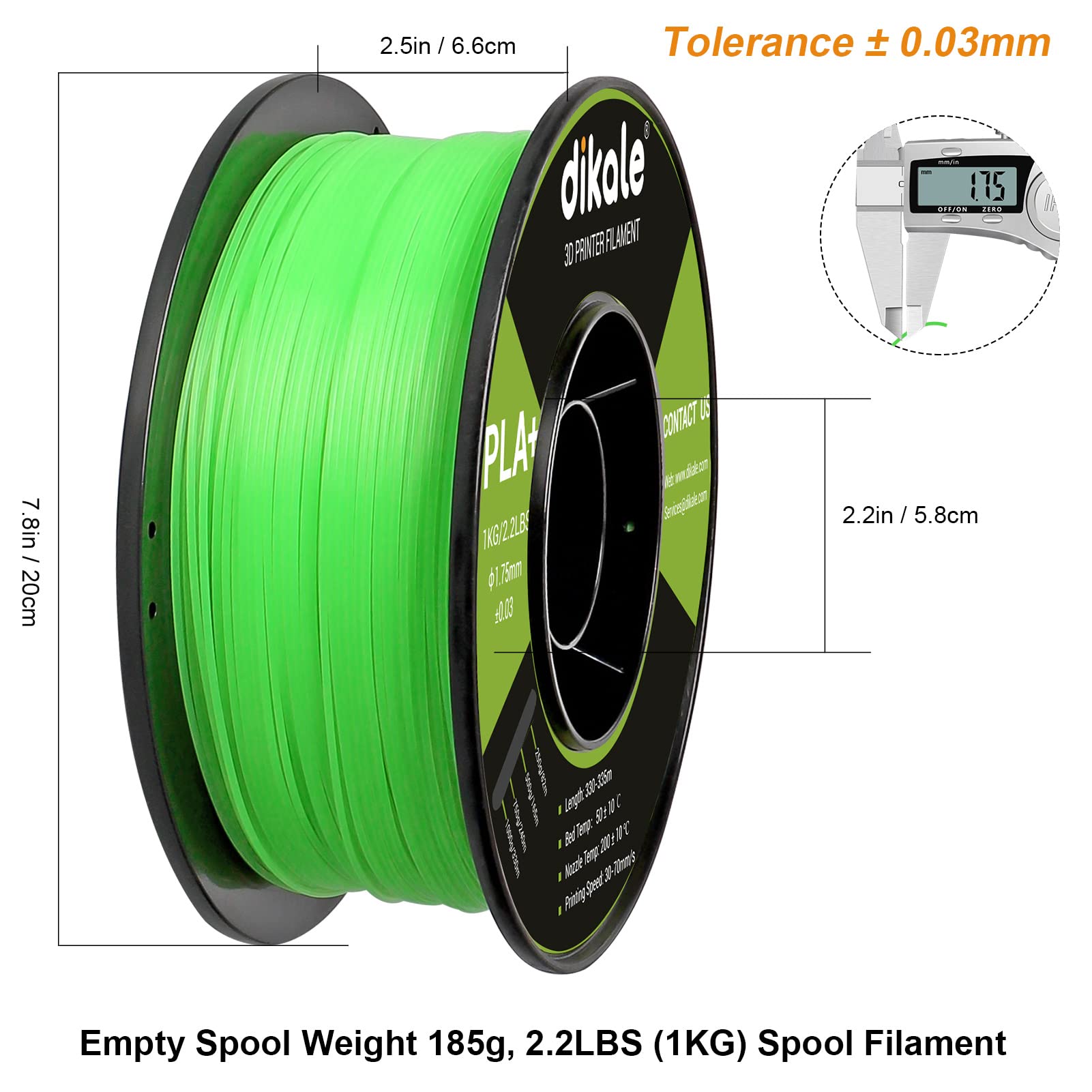 Dikale PLA+ 3D Printer Filament Luminous Green, 1.75mm No Tangle, Net Weight 2.2lbs Spool (1kg）, PLA Pro Plus, Green with Glow in The Dark Effect - WoodArtSupply