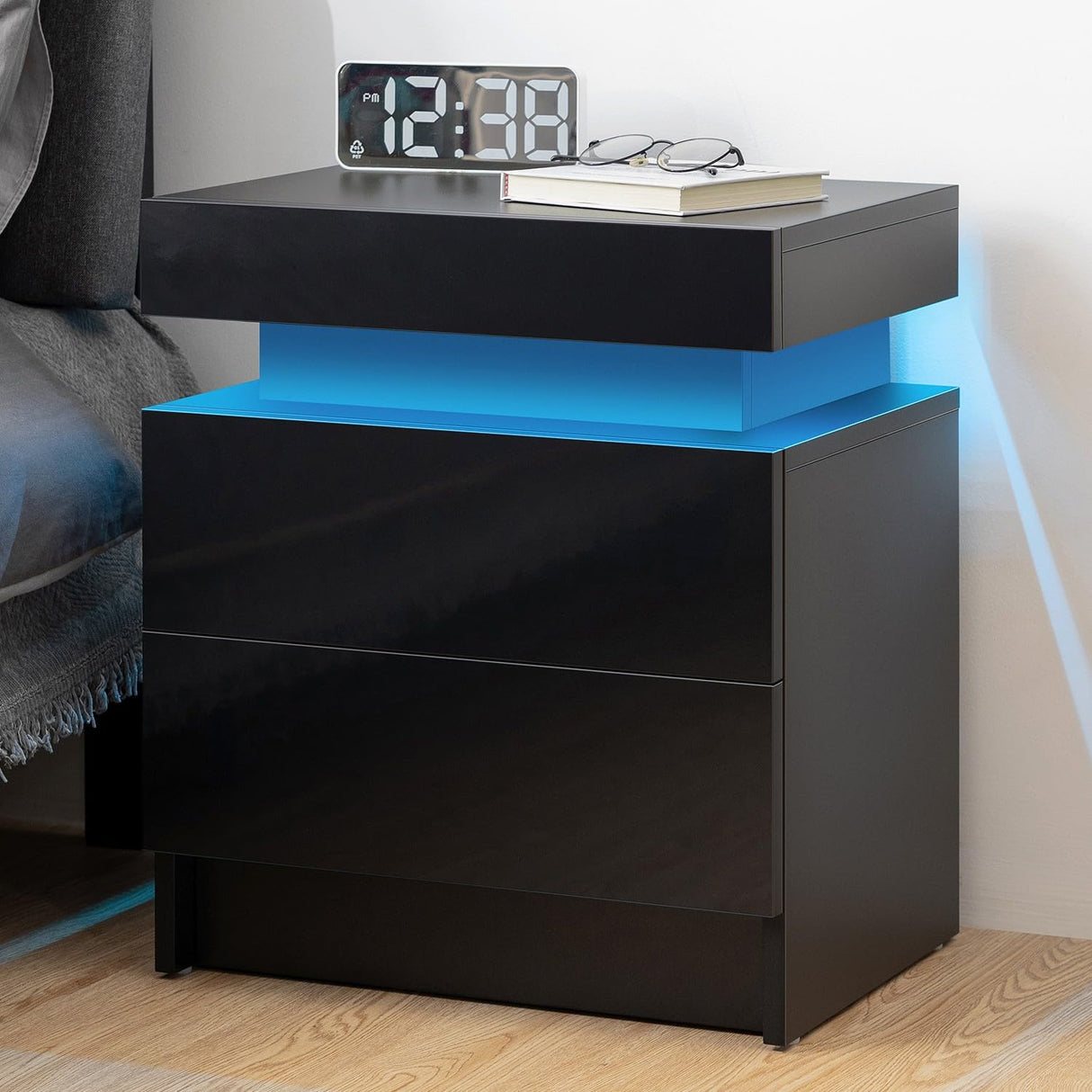 HOMMPA Set of 2 LED Nightstands Black Nightstand with Led Lights Modern Night Stand with 2 High Gloss Drawers Led Bedside Table Smart Nightstand for Bedroom 20.5” Tall HOMMPA