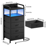 Fixwal Black Night Stand with Charging Station, Tall LED Nightstand with 4 Fabric Drawers, Bedside Table for Bedroom Fixwal