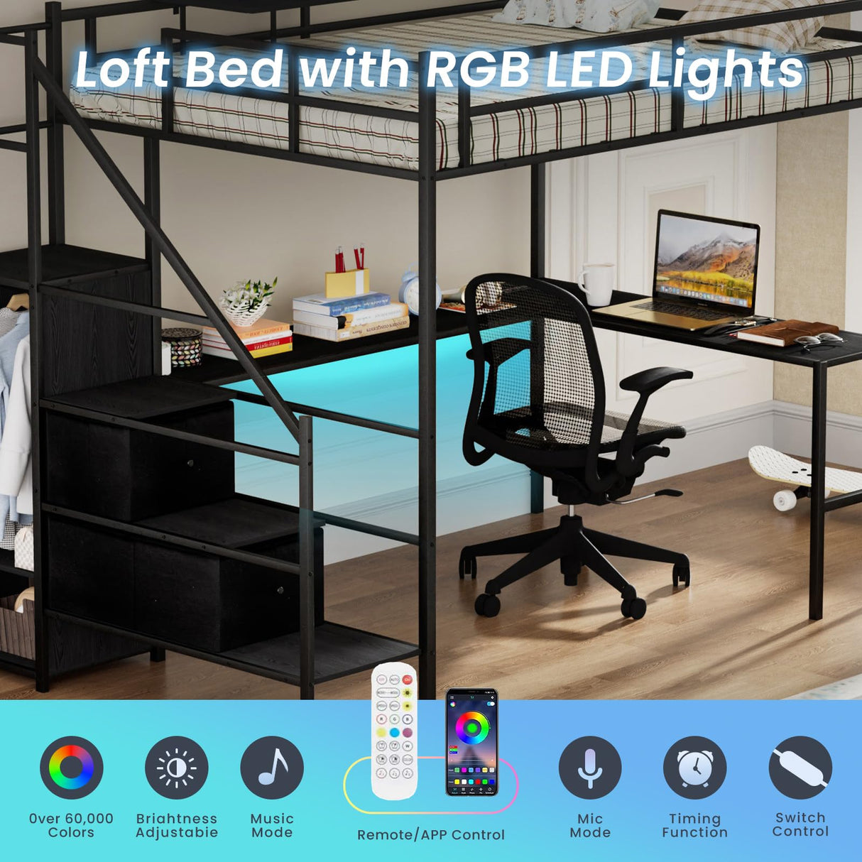 Full Size Loft Bed with L-shaped Desk, Metal LED Loft Bed Frame with Charging Cradle, Space-Saving Full Size Bed with One Cabinet Wardrobe and 2 Storage Drawers, Safety Rails and Ladder, Black FAROUCHE