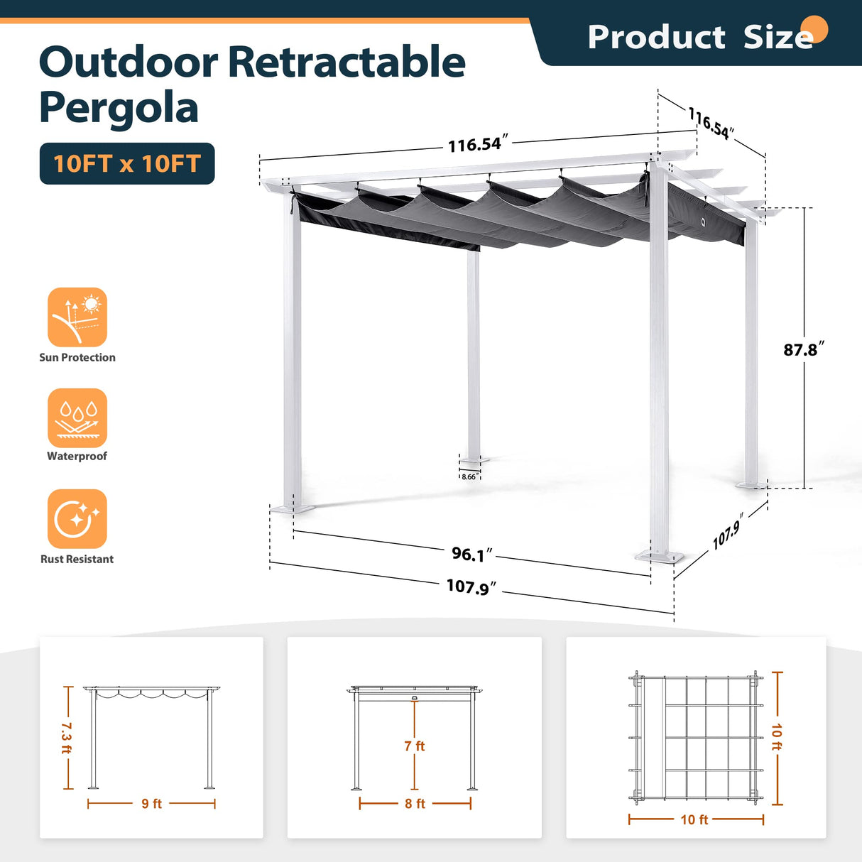 HAPPATIO 10' X 10' Pergola Retractable Pergola Canopy with White Frame for Backyards, Gardens, Patios, Outdoor Pergola with Sun Shade Canopy, Includes Ground Studs and Expansion Screws (Gray) HAPPATIO