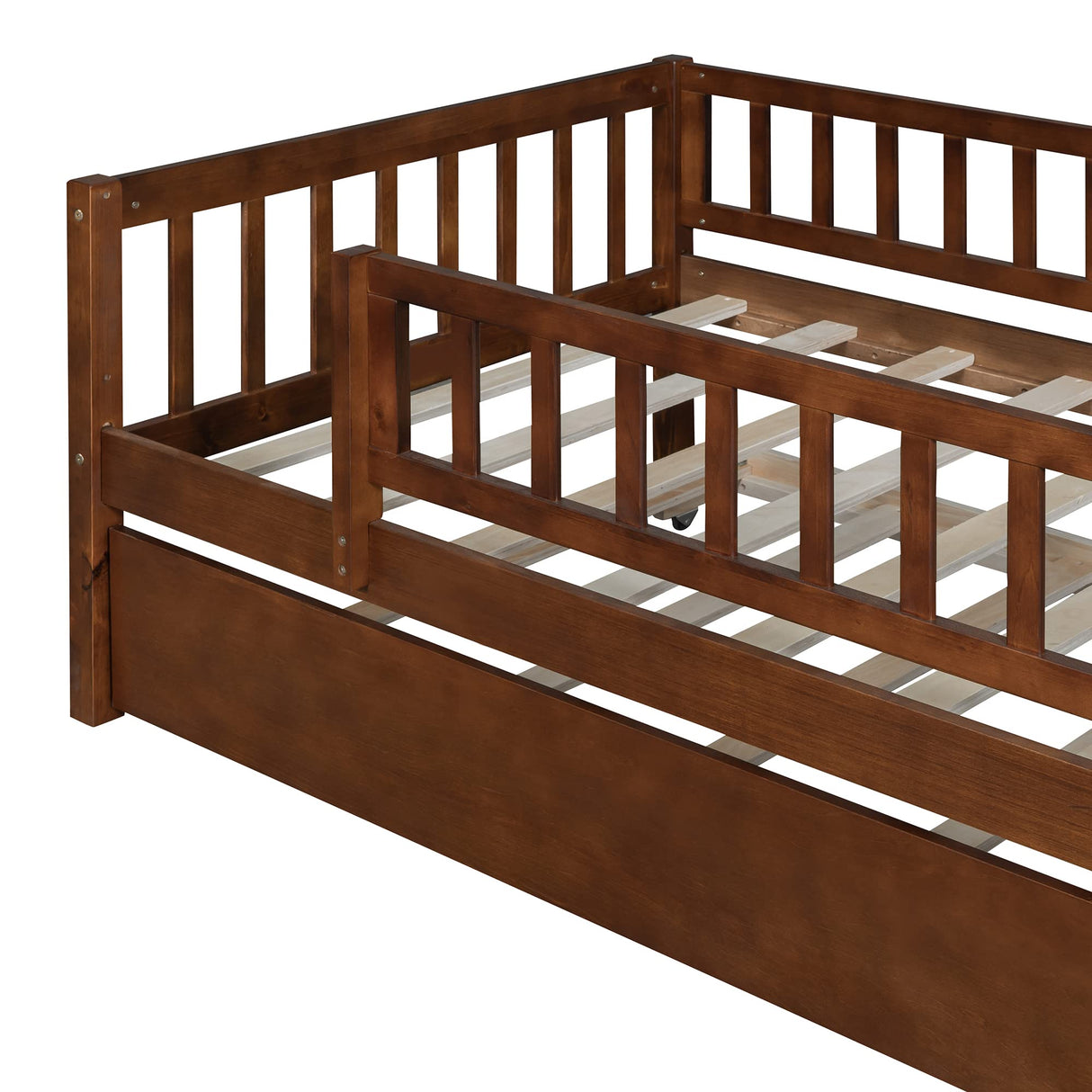 Twin Size Bed Frame with Trundle and Fence Guardrails, Wooden Montessori Style Kids Beds with Slats Support, Dual-use Daybed for Bedroom and Living Room, Walnut Bellemave