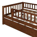 Twin Size Bed Frame with Trundle and Fence Guardrails, Wooden Montessori Style Kids Beds with Slats Support, Dual-use Daybed for Bedroom and Living Room, Walnut Bellemave