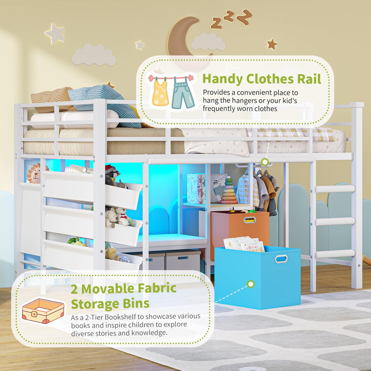 DICTAC Low Loft Bed Twin Size with Reading Corner Metal Twin Loft Bed with LED Lights,Sling Drawers and Bookshelf,loft Bed with Storage Basket and Bins,13.98" H Safety Guardrail and Stairs,White DICTAC