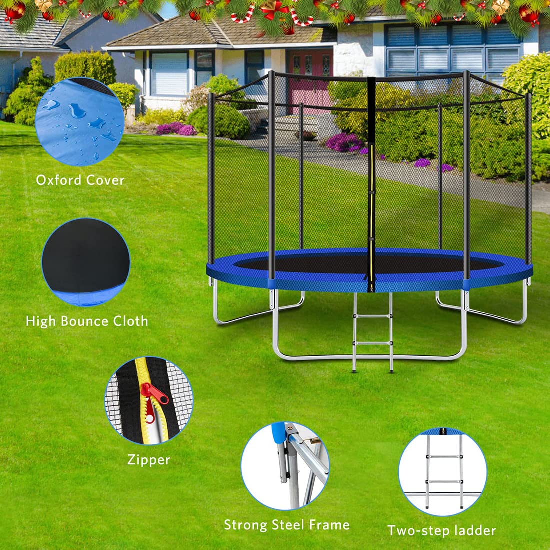 YAKEY Trampoline 10FT 12FT 15FT Recreational Trampolines with Safety Enclosure Net, ASTM Approved Combo Bounce Outdoor Waterproof Trampoline with Ladder for Kids and Family YAKEY