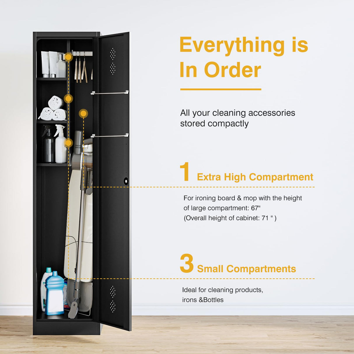 Broom Closet Storage Cabinet Metal Cleaning Tool Cabinet Janitorial Utility Cabinet Cleaning Supplies with Locking Door Broom Rack Shelf for Broom mops Garage Storage 71" Black STANI