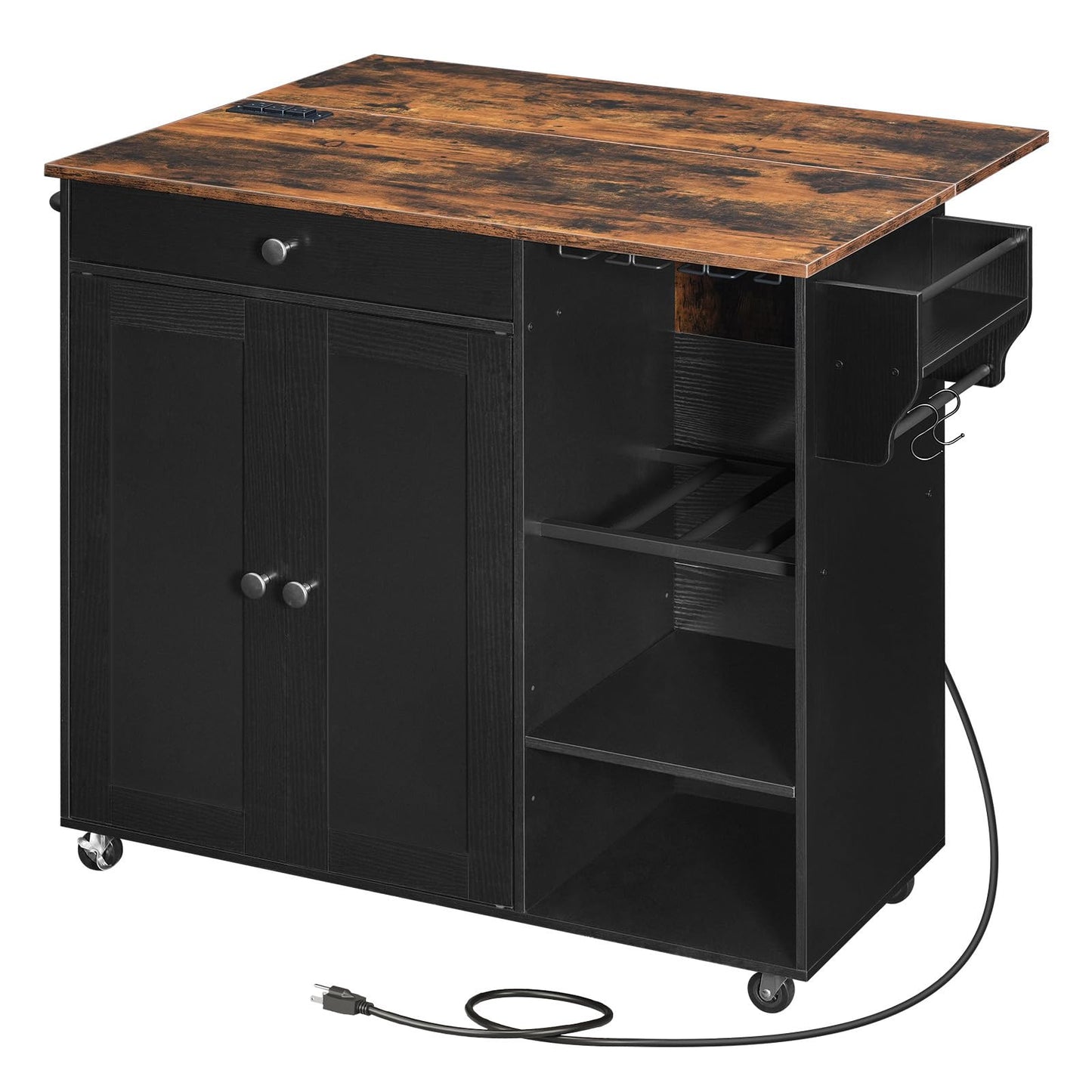 HOOBRO Kitchen Island with Storage, Rolling Kitchen Island with Folding Drop Leaf, Charging Station, Spice Rack, Drawer, Mobile Kitchen Island On Wheels, for Kitchen, Black and Rustic Brown B - WoodArtSupply