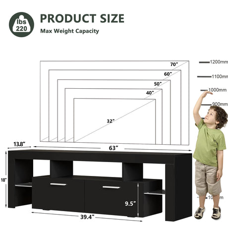 Clikuutory Modern LED 63 inch Long TV Stand with Large Storage Drawer for 50 55 60 65 70 75 Inch TVs, Black Wood TV Console with High Glossy Entertainment Center for Living Room, Bedroom, Black Clikuutory