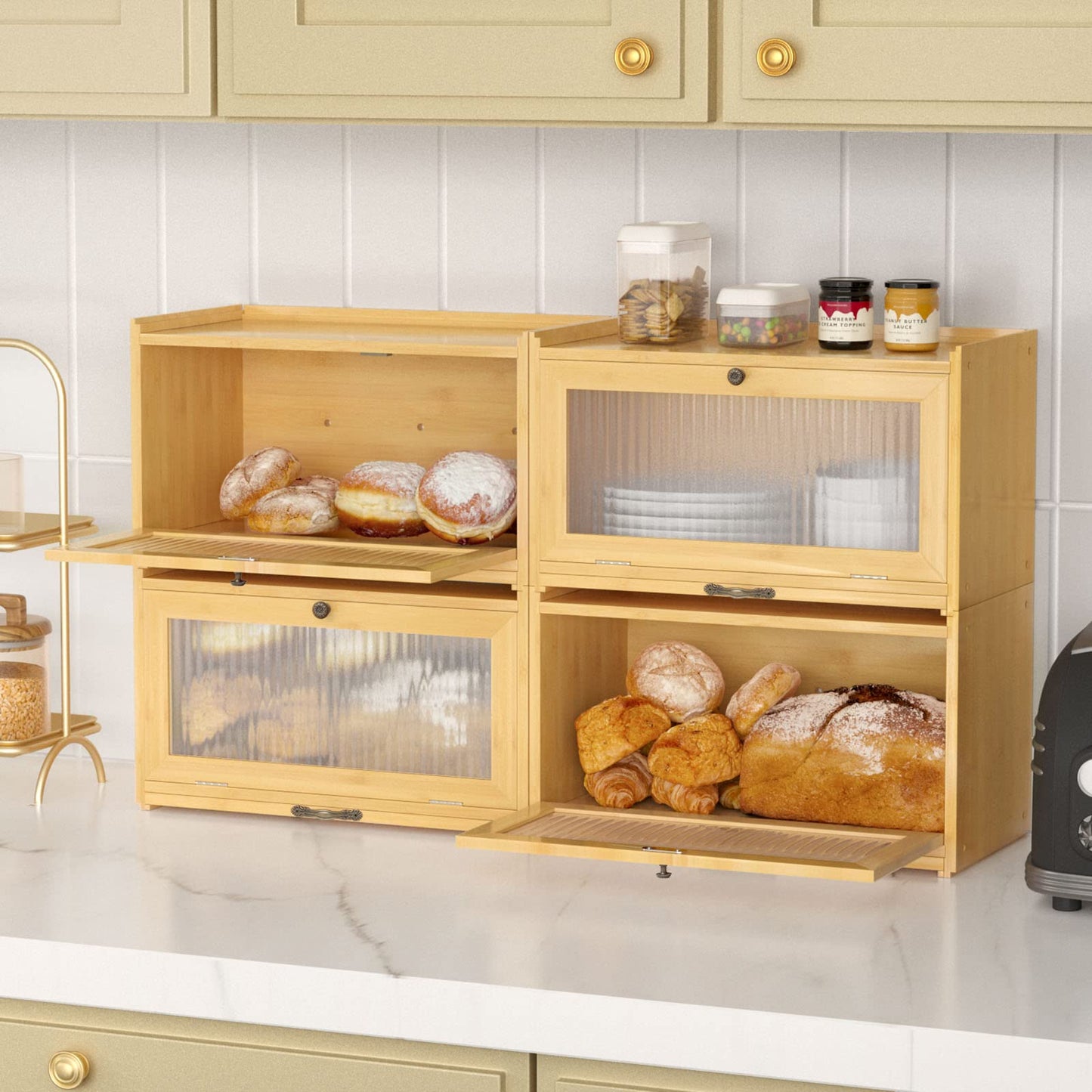 Large Bread Box for Kitchen Countertop - Bamboo Bread Storage Container with Cutting Board and Clear Plexiglass Window, Bread Bin, Farmhouse Bread Box, Bread Holder For Kitchen Counter (Self-Assembly)