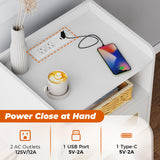 SUPERJARE Nightstands with Charging Station, Bedside Table Set of 2 with PE Rattan Drawers, Rattan Side Table with Storage & Solid Wood Feet, End Table for Bedroom, White SUPERJARE