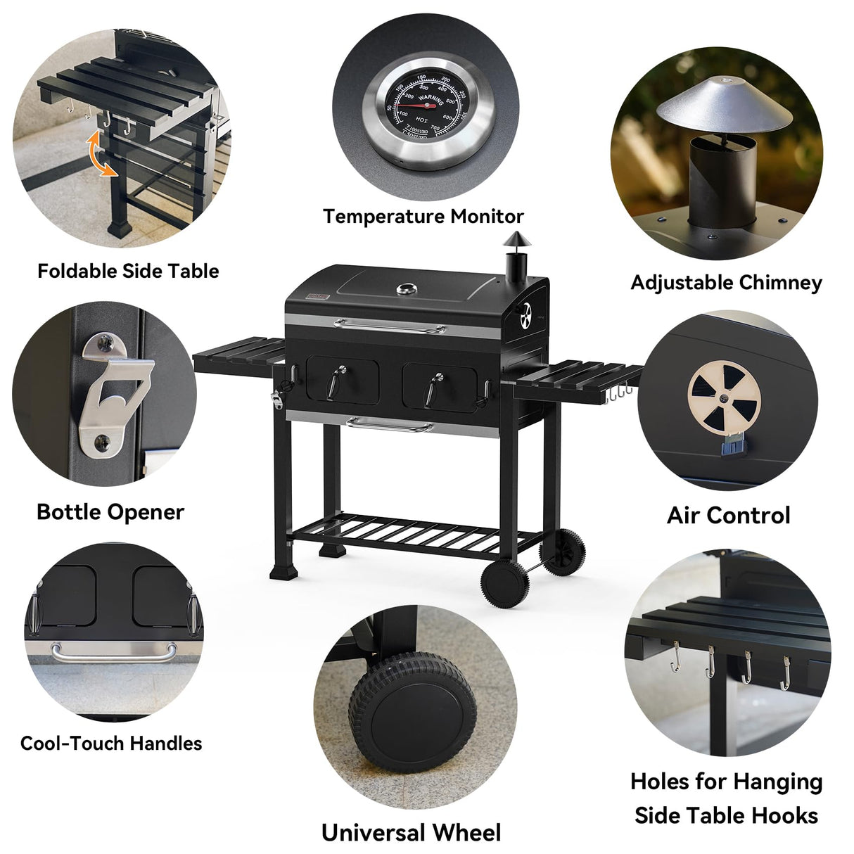 Onlyfire Extra Large BBQ Charcoal Grill with Large Cooking Grate and Warming Rack, Outdoor Barbecue Grill with Dual-Zone Adjustable Charcoal Tray and 2 Foldable Side Table, Black GS339-A ONLYFIRE GRILLS