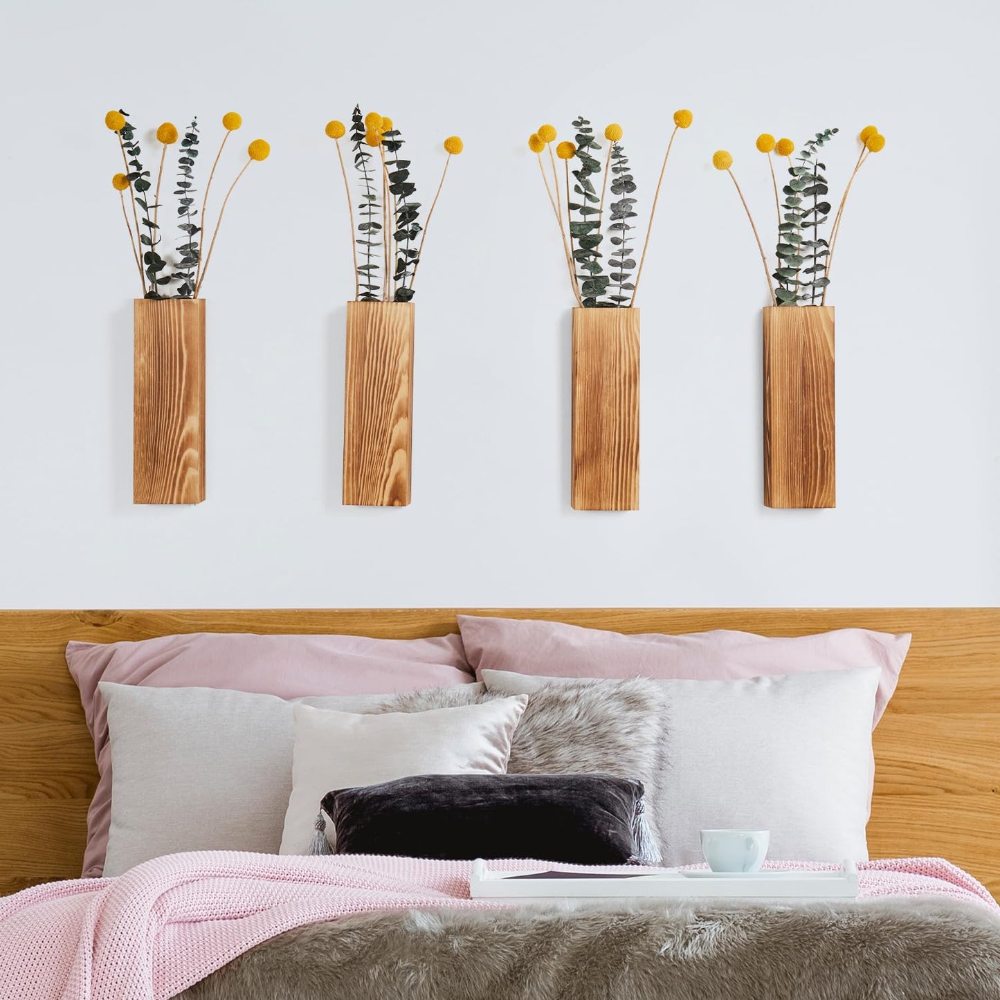 SOONOW 4 Pack Wood Wall Planter - Modern Farmhouse Wood Wall Decor for Living Room, Bedroom, Bathroom, Home and Office - Wooden Pocket Vase for Dried Flowers and Faux Plants Indoor Decor