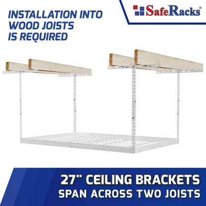 SafeRacks Overhead Garage Storage Rack - Heavy Duty Racks for Garage with 400 lb Capacity, Easy Garage Shelving, Adjustable Storage Rack, Ceiling Mount Storage Shelves 3x6 White (18"-33")