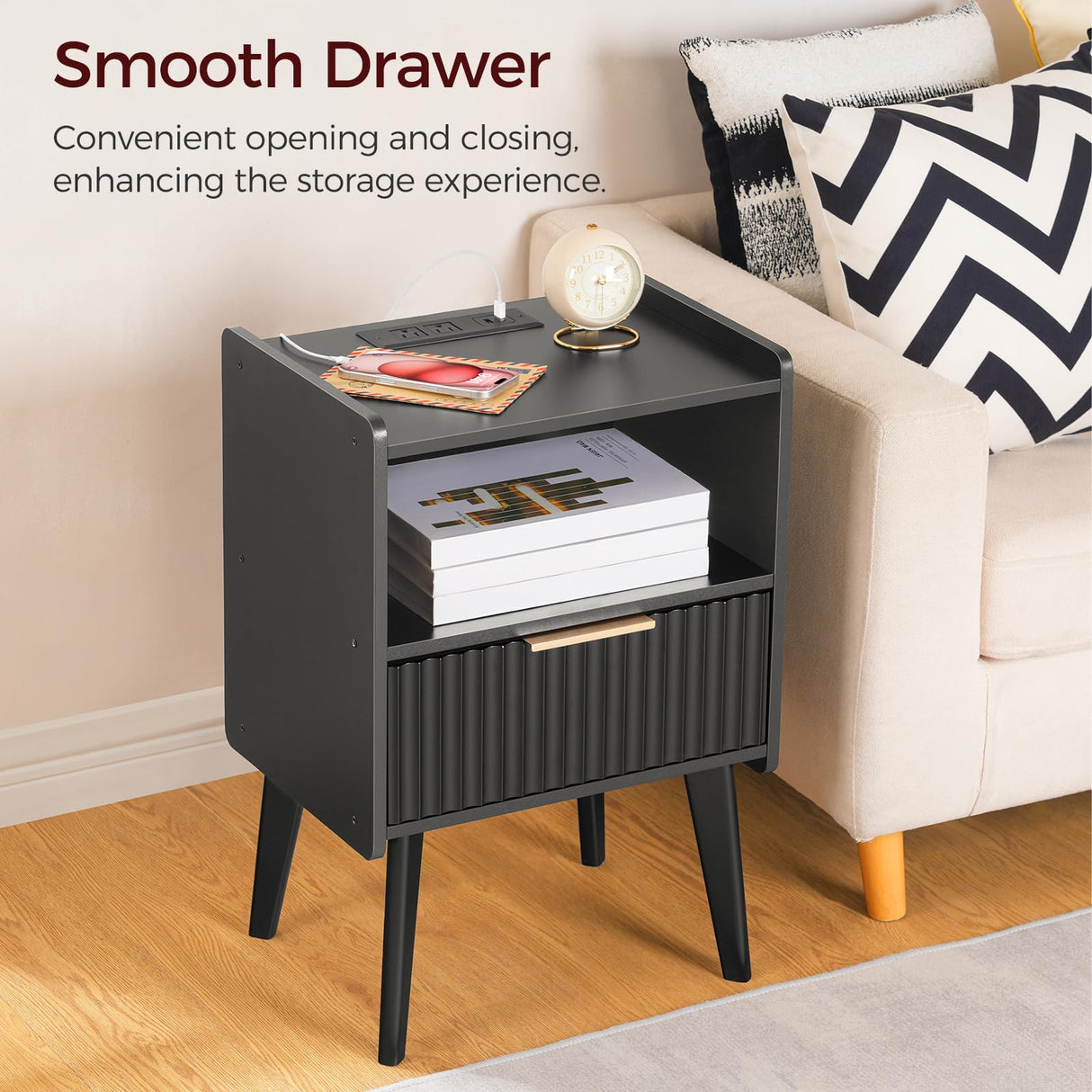MAHANCRIS End Table Living Room Fluted Night Stand, 15.9" Modern Side Table with Charging Station，Bedside Table with Drawer for Small Spaces, Bedroom, Black ETBK61E01 MAHANCRIS