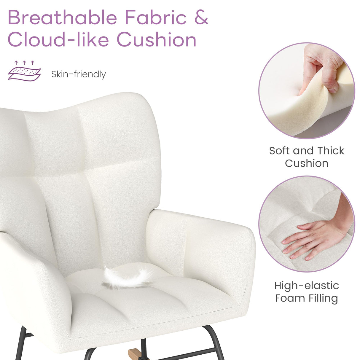 Murago Rocking Chair Nursery, Nursery Rocking Chairs, Baby Rocker, Glider Rocker, Safety Anti Tip Design, 440 Lb. Capacity, Cotton Fabric Cover, White Murago