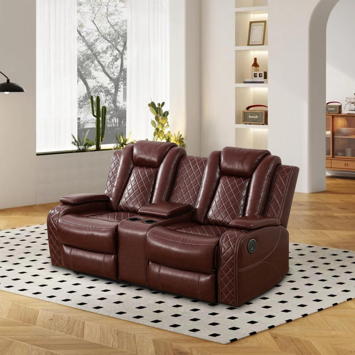 GEBADOL Power Recliner Sofa Set,Burgundy Leather Reclining Couch with USB Port/Cup Holders/Storage Console,Leather Sofas with Power Recliner for Living Room/Apartment/Office GEBADOL