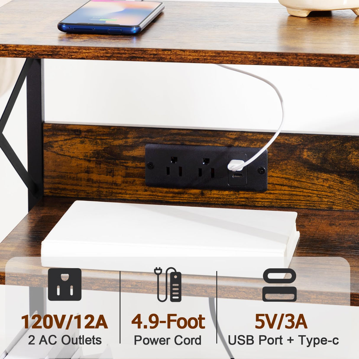 AMHANCIBLE Record Player Stand with Charging Station, Turntable Stand with Storage Cabinet, 3 Tier End Table Hold Up to 200 Albums, Record Stand for Vinyl, Living Room, Rustic Brown, HETCD01BR-1 AMHANCIBLE