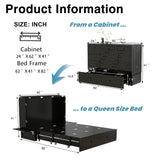 ClassyCabin Murphy Bed Queen Cabinet Without Mattress: Retro Black Wood Handle Murphy Bed Cabinet with USB Port & Small Shelves, Space Saving Wall Chest Bed with 2 Large Drawer for Home ClassyCabin