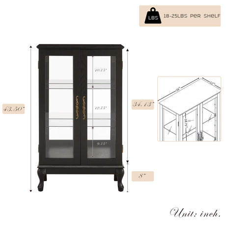 Eyisean 44" H Lighted Glass Display Cabinet with Glass Doors, Wooden Curio Cabinet with 3 Adjustable Shelves, Mirrored Back Panel, Arched China Cabinet for Living Room, Light Bulb Included (Black) Eyisean