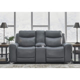 Signature Design by Ashley Mindanao Modern Leather Match Upholstered Power Reclining Loveseat with Console, USB Ports and Cup Holders, Gray Signature Design by Ashley