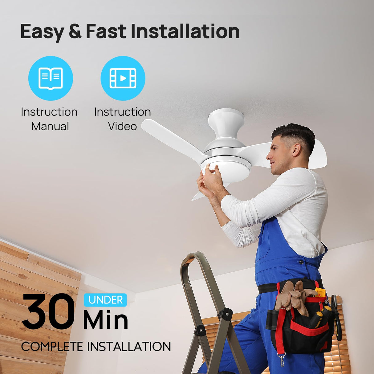 Consciot Ceiling Fan, 30 Inch Ceiling Fan With Lights Remote Control, White Low Profile Modern Ceiling Fan, Flush Mount, Reversible Quiet DC Motor, 6 Speed, Dimmable, Kitchen Bedroom Patio Damp Rated Consciot