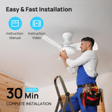 Consciot Ceiling Fan, 30 Inch Ceiling Fan With Lights Remote Control, White Low Profile Modern Ceiling Fan, Flush Mount, Reversible Quiet DC Motor, 6 Speed, Dimmable, Kitchen Bedroom Patio Damp Rated Consciot