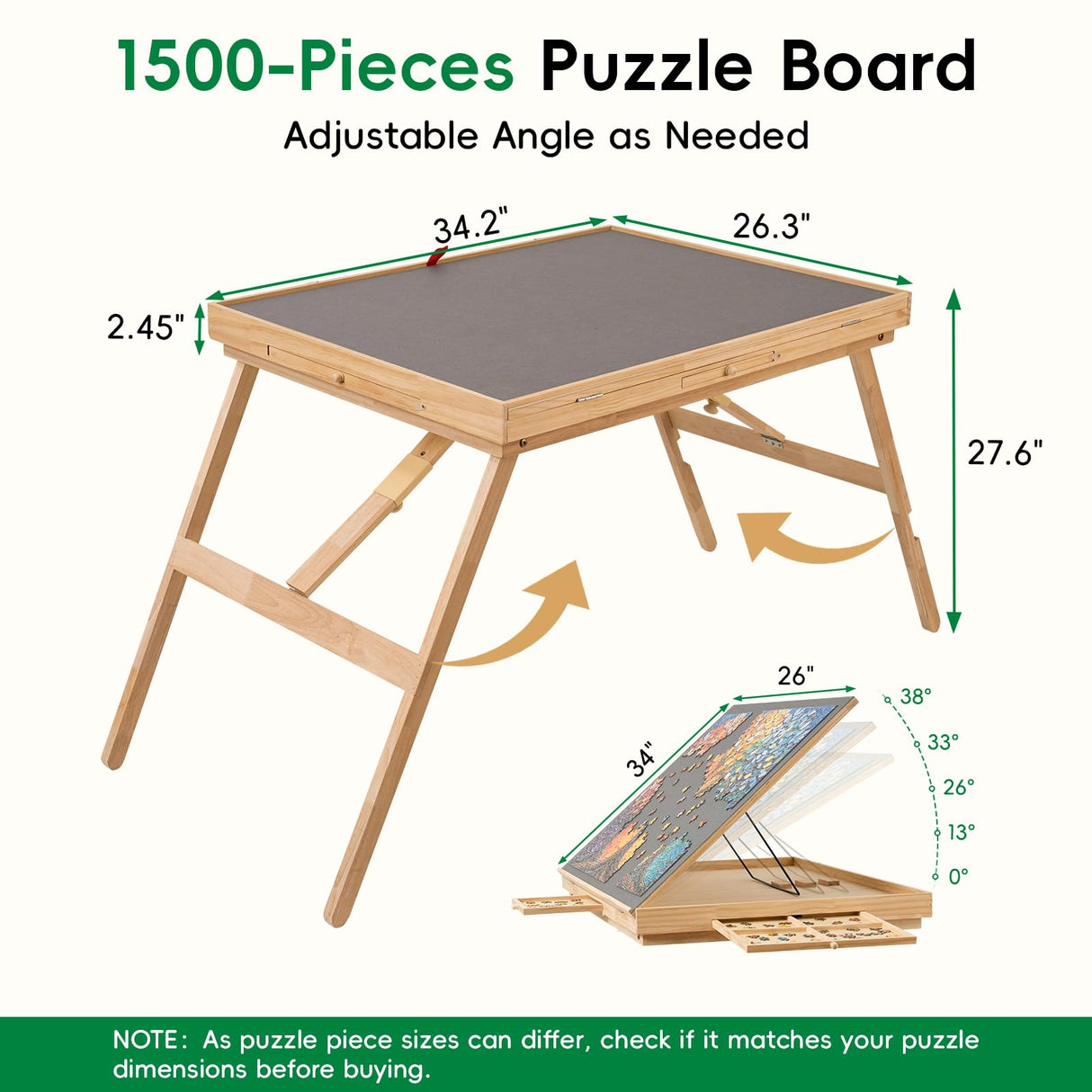 TEAKMAMA Puzzle Table 27.6" Tall 1500 Piece Puzzle Board with Drawers, 34.2" x 26.3" Adjustable 5-Tilting-Angle Jigsaw Table with Legs, Jigsaw Board for Adults, Nature TEAKMAMA