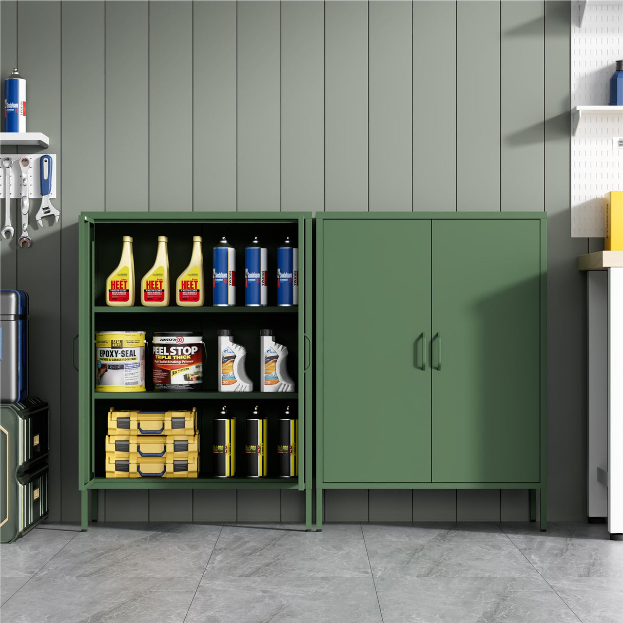 Washsemba Metal Storage Cabinet with Doors and Shelves,Multipurpose Storage Rack, 3-Tier Shelf,Metal Locker Style Accent Cabinet for Home Office,Living Room,Kitchen (Forest Green, 40''H) Washsemba