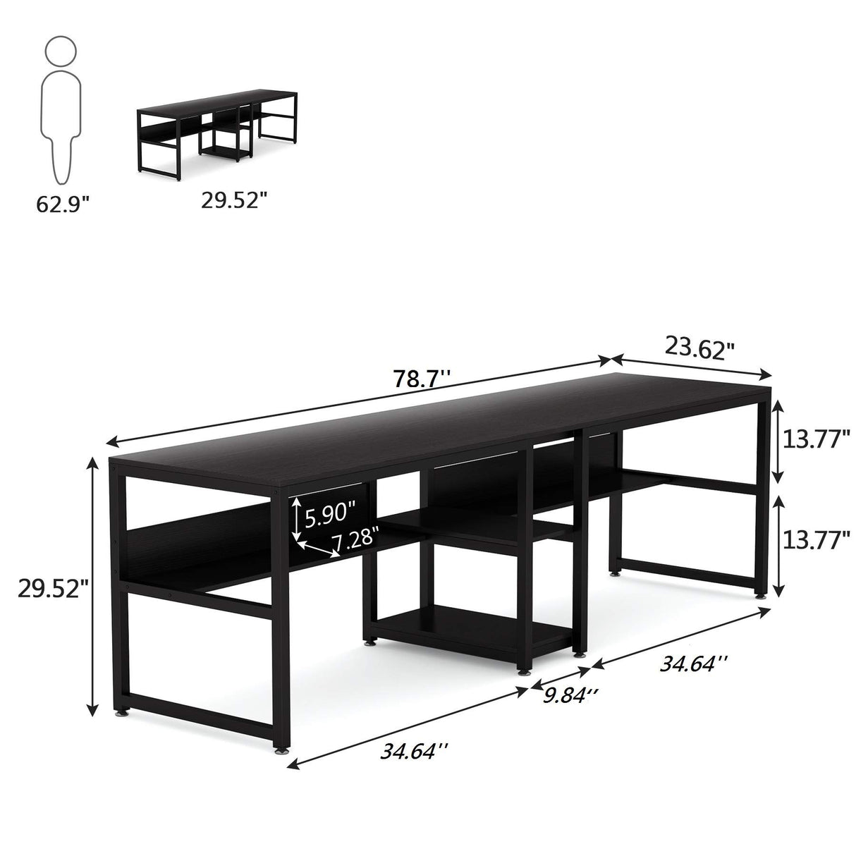 Tribesigns Rustic Double Desk with Bookshelf - 78.7 Inch Two-Person Computer Workstation in Black Tribesigns