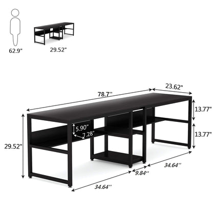 Tribesigns Rustic Double Desk with Bookshelf - 78.7 Inch Two-Person Computer Workstation in Black - WoodArtSupply